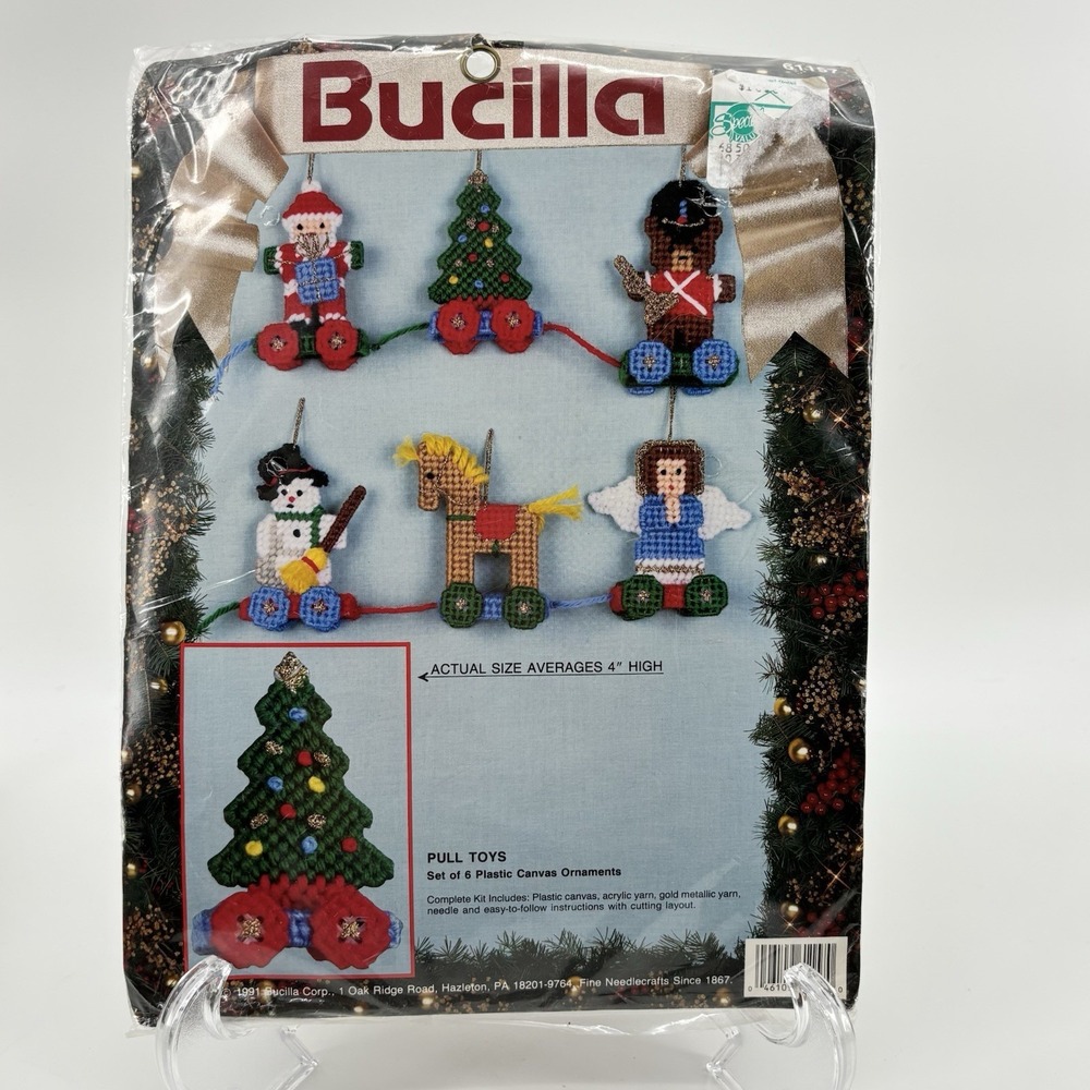 1991 BUCILLA 61157- 6 PLASTIC CANVAS ORNAMENTS- COMPLETE KIT SEALED PACKAGE